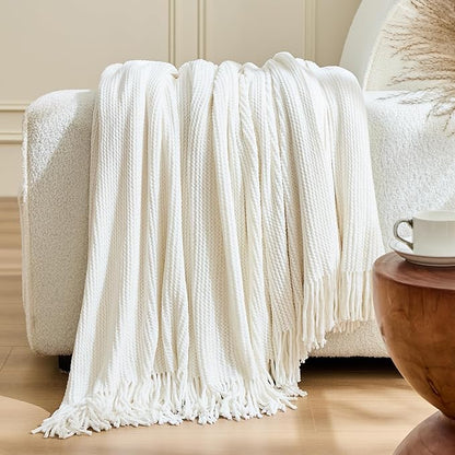 inhand Throw Blanket for Couch Bed,Chunky Chenille Woven Soft Blankets with Tassels,Cozy Boho Farmhouse Fall Winter Decor,Warm for Women,50"x60",Medium Thick-Off White