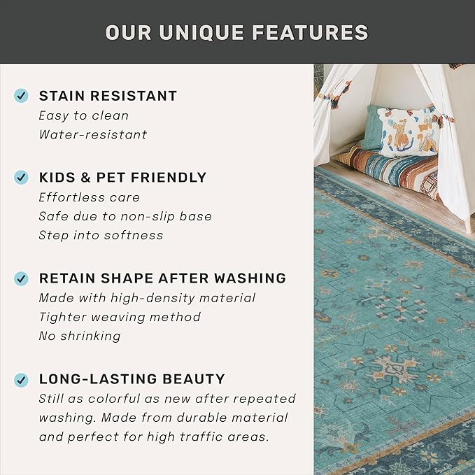 Washable 10x12 Large Teal Teal Boho Living Room Rug - Soft Floral Area Rugs for Bedroom Under Bed, Dining Room Under Table Non Slip, Low Pile & Stain Resistant Carpet