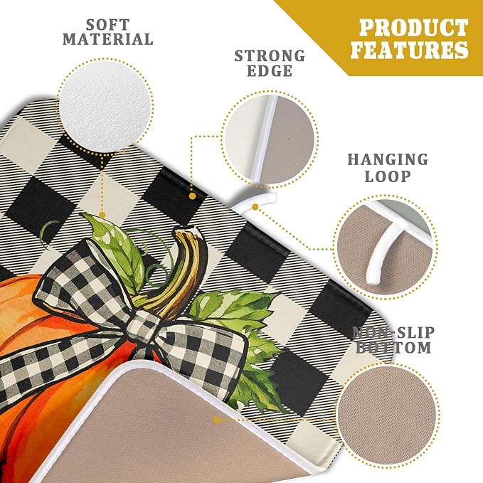 Fall Dish Drying Mat for Kitchen Counter 16x18 Autumn Pumpkin Plaid Theme - Image 4