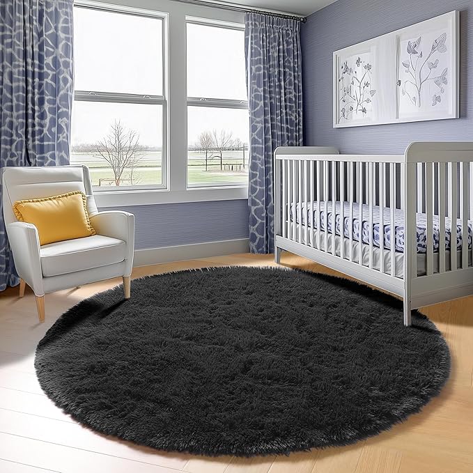 ONASAR Black Round Area Rug 4ft, Soft Bedroom Circle Rugs Floor Mats for Kids Girls Boys Teen Room, Fluffy Plush Shaggy Carpet for Baby Nursery Living Room Playroom Dorm Home Decor