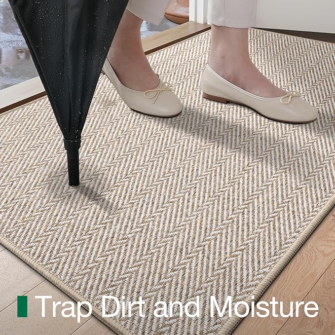 LUMI Ultra Thin Indoor Door Mat for Entrance 24"x36", Non Slip Entryway Mat, Low Profile Doormat, Unique Herringbone Design Carpet for Inside, Patio, Porch, Beige