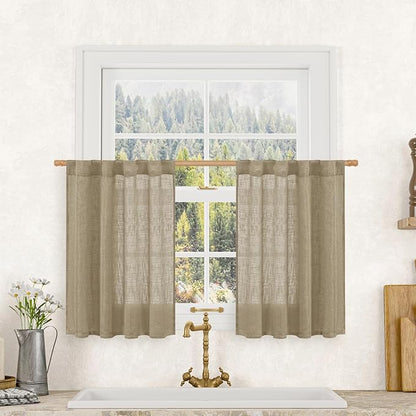 LAMIT Short Linen Curtains 30 Inch Length for Cafe, Semi Sheer Light Filtering Panels Back Tab and Rod Pocket Country Decor Drapes for Basement/Small Window, Taupe, 2 Panels, 34 x 30 Inch