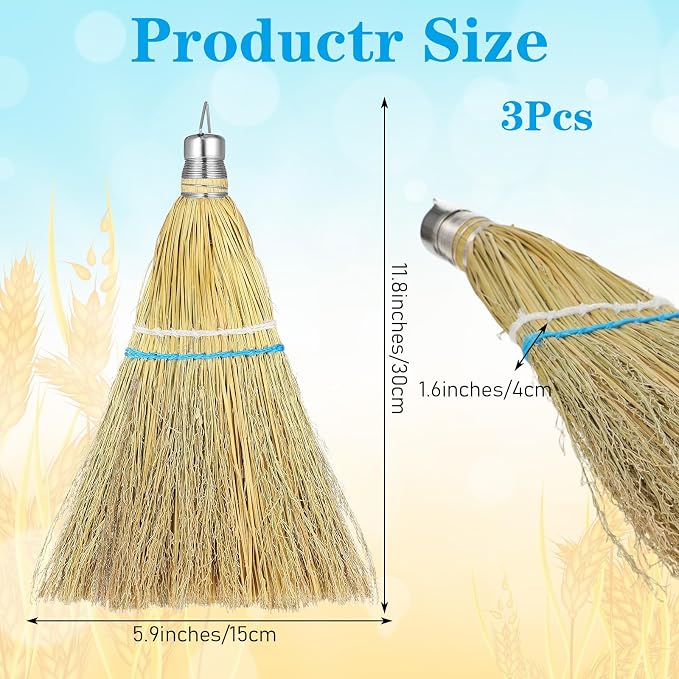 3 Pcs 12 Inch Whisk Broom Hand Held Handmade Mini Corn Broom Straw - Image 2