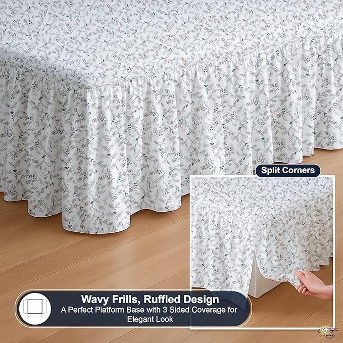 Cottington Lane Ruffled Bed Skirt King Size with Split Corner, Brushed Microfiber Hotel Quality Dust Ruffle, 21 Inch Drop Gathered Bedskirt, Soft, Stylish, Shrink & Fade Resistant, Coco Rose Leaf