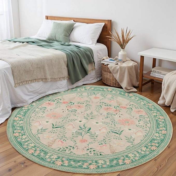 4ft Floral Round Rug, Washable Circle Rug, Non Slip Low Pile Carpet - Image 9