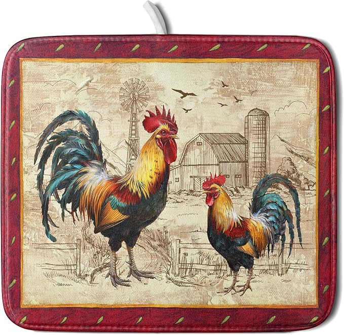 Farm Rooster Dish Drying Mat for Countertop 16x18 Inches Red Rustic Chicken by Giwawa