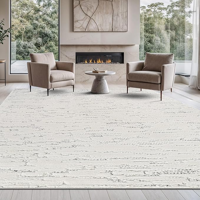 Beverly Rug Micro Loop Area Rug White/Gray 5x7 Abstract Modern Luxury Brushstroke Durable Soft Indoor Rugs for Living Dining Room Office Stain Resistant Non Shedding Casual Indoor Carpet 5 x 7
