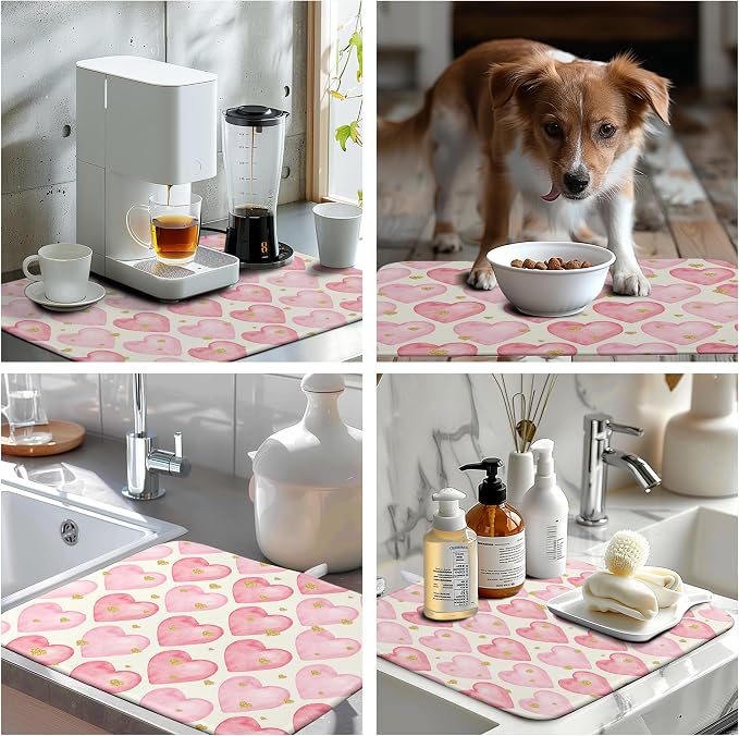 Valentines Dish Drying Mat Valentine Dishes Drying Pad Pink Golden Heart Love - Image 7