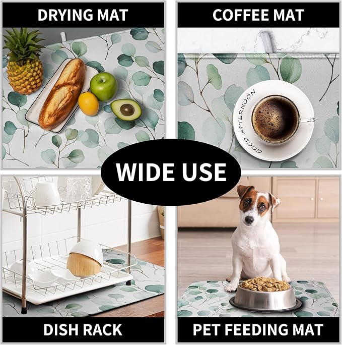 Green Leaves Dish Drying Mat Eucalyptus Leaf Branch Plant Drying Mats Absorbent - Image 7
