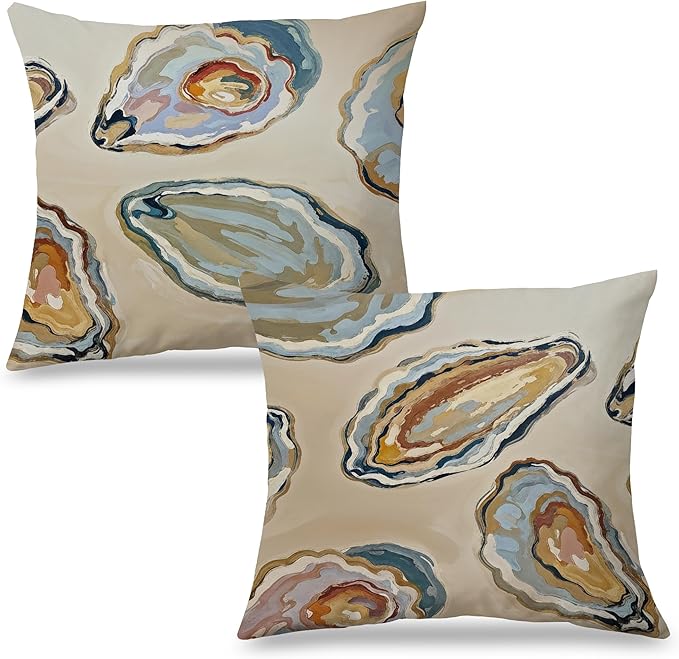Abstract Oyster Coastal Beach Pillow Covers 18x18 Set of 2, Beachy Room Decor Aesthetic, Retro Coastal Ocean Oyster Shell Decorative Lumbar Pillow Covers for Home Bedroom Living Room
