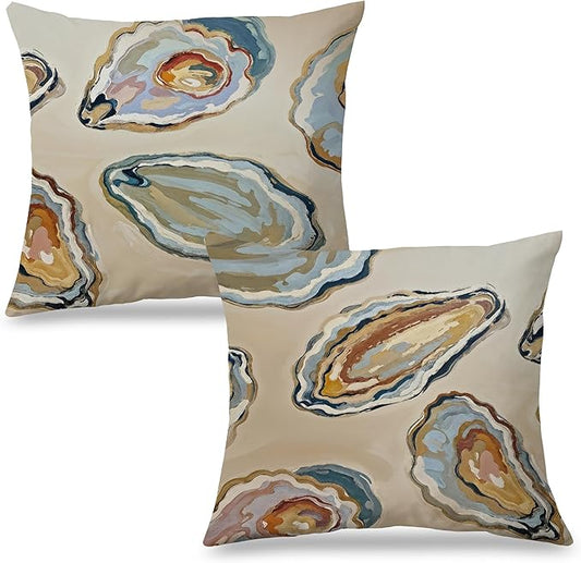 Abstract Oyster Coastal Beach Pillow Covers 18x18 Set of 2, Beachy Room Decor Aesthetic, Retro Coastal Ocean Oyster Shell Decorative Lumbar Pillow Covers for Home Bedroom Living Room