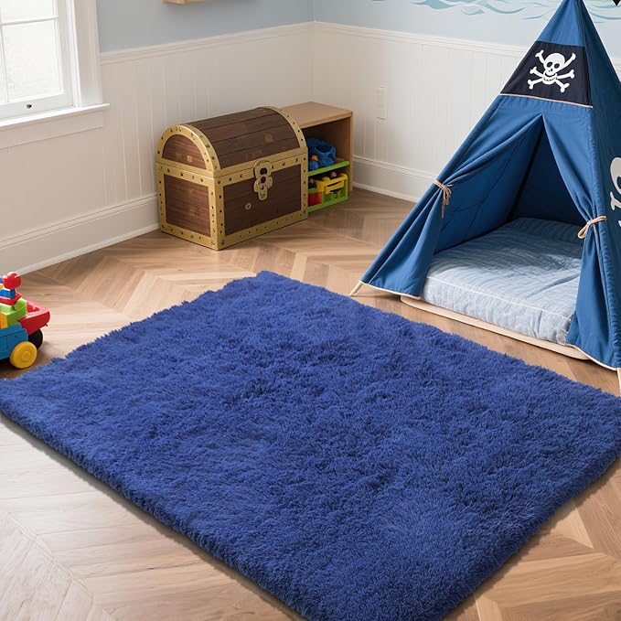 Blue Fluffy Rug Shaggy Area Rug, 6x9 Area Rugs for Girls Bedroom, Big Soft Shaggy Bedside Non-Slip Plush Dorm Nursery Kids Carpet Home Decor Aesthetic