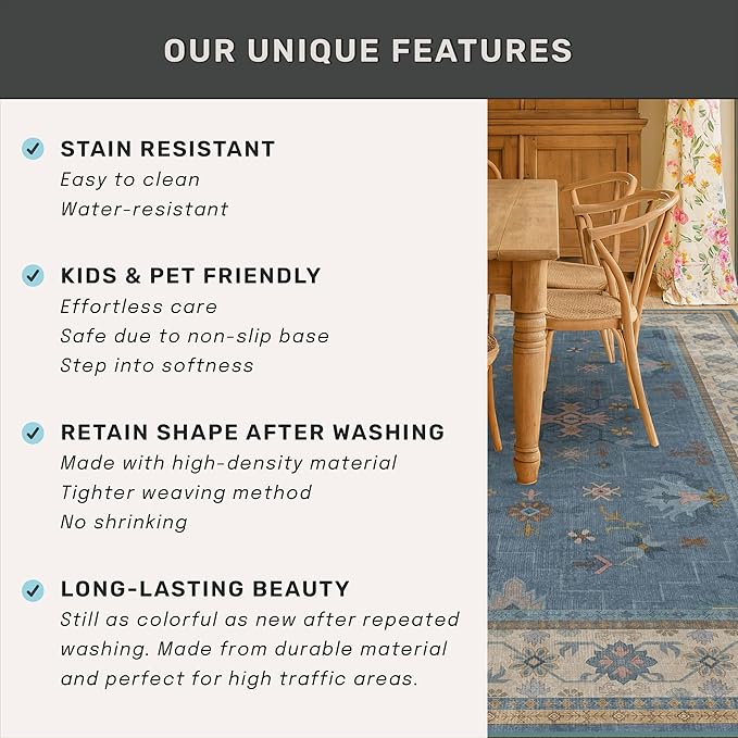 Washable 3x6 Throw Rug for Large Kitchen - Blue Rugs for Entryway Indoor, Bedroom Bedside, Mudroom, Boho Eclectic Modern Décor, Non Slip Low Pile Fade Resistant