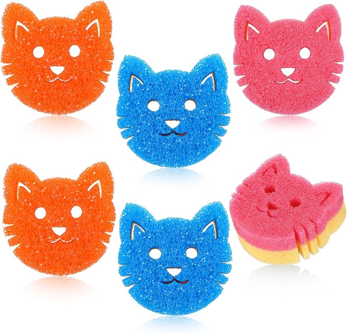 6 Pcs Cat Dual Sided Scrub Cleaning Sponges Cute Temperature Sensitive Dish by FillTouch