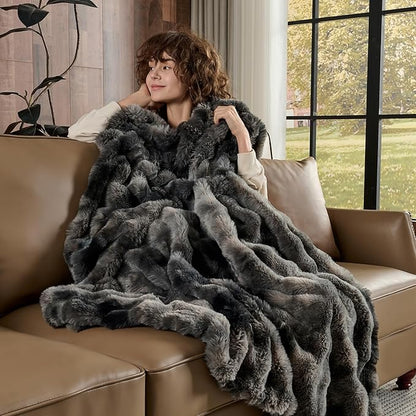 Lotus Karen Faux Fur Blanket Tie-Dye Dark Gray Twin Size - Big Bubble Rabbit Fluff Throw for Couch Small Fluffy Fuzzy Cozy Thick Furry Plush Shaggy Blankets 90x90 Inches