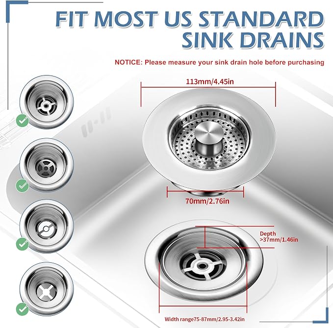 3 in 1 Kitchen Sink Drain Strainer ，304 Stainless Steel Kitchen Sink Stopper - Image 2