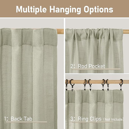 LAMIT Sheer Linen Curtains for Living Room, Back Tab and Rod Pocket Curtains Light Filtering Country Rustic Farmhouse Drapes for Bedroom/Farmhouse, 2 Panels, 52 x 102 Inch, Sage Grey