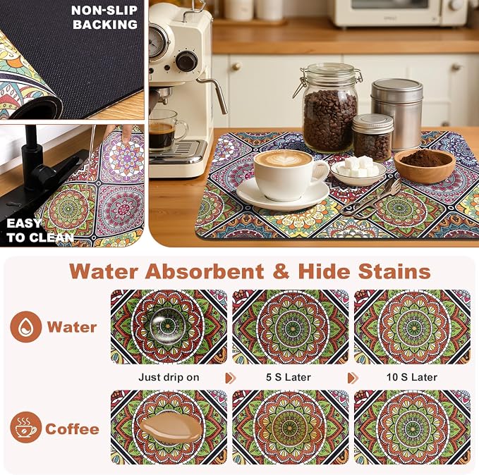 Yamaziot Boho Coffee Mat 12"x20", Floral Dish Drying Mat - Image 4