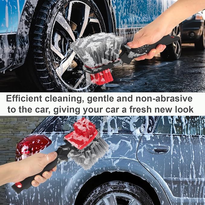 Dual Head Car Clean Brush, Wheel & Tire Brush, car Wheel Brush, Short Handle - Image 3