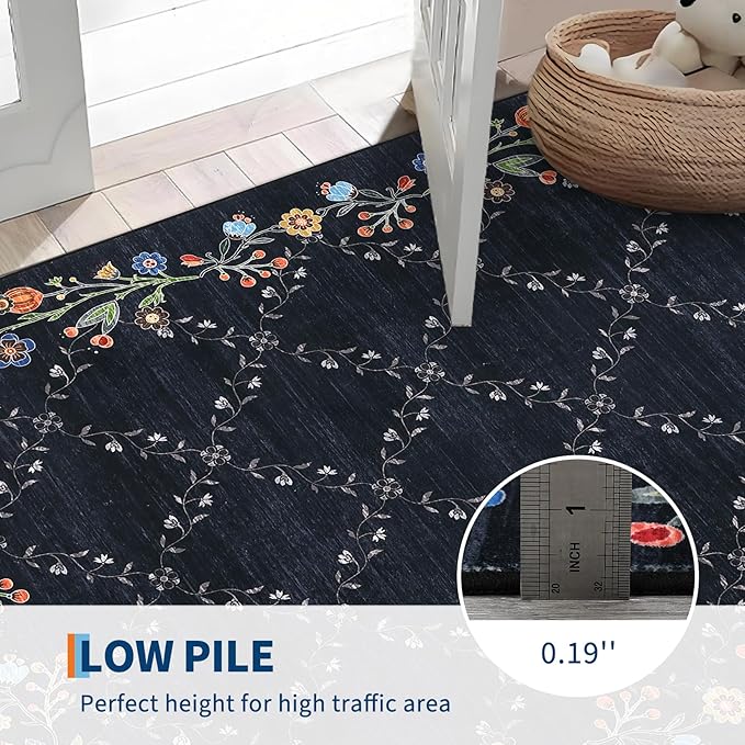 Garveehome 4x6 Washable Floral Area Rugs for Living Room: Modern Floral Non Slip Large Area Rugs for Bedroom, Large Machine Washable Living Room Low Pile Carpet with Non-Slip Backing Black 4 ft x6 ft.