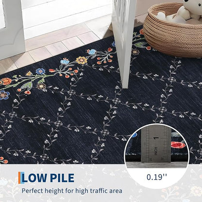 Garveehome 4x6 Washable Floral Area Rugs for Living Room: Modern Floral Non Slip Large Area Rugs for Bedroom, Large Machine Washable Living Room Low Pile Carpet with Non-Slip Backing Black 4 ft x6 ft.