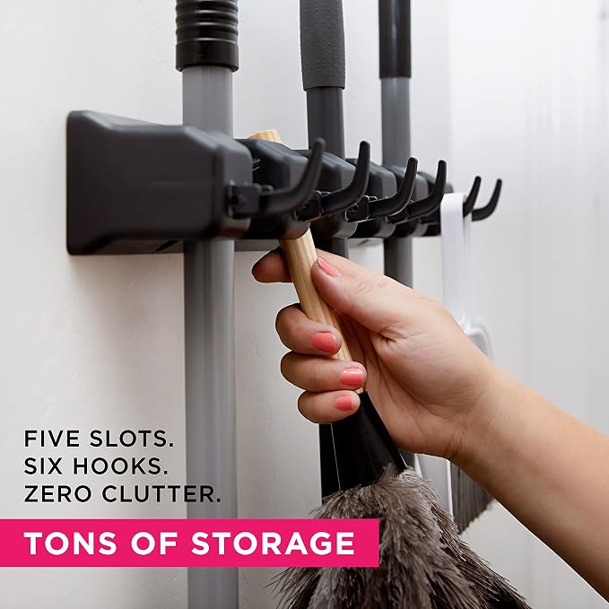 Combo 5 Slot Broom Holder w/ 1 Self Adhesive Mop Gripper No-Drilling, Wall - Image 8