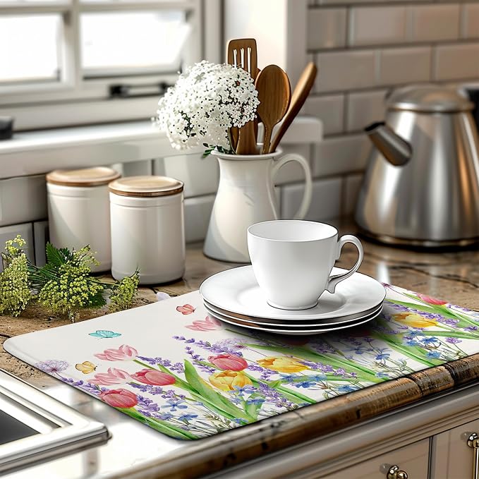 Spring Floral Dish Drying Mat for Kitchen Counter Tulip Lavender Flower Dishes - Image 6