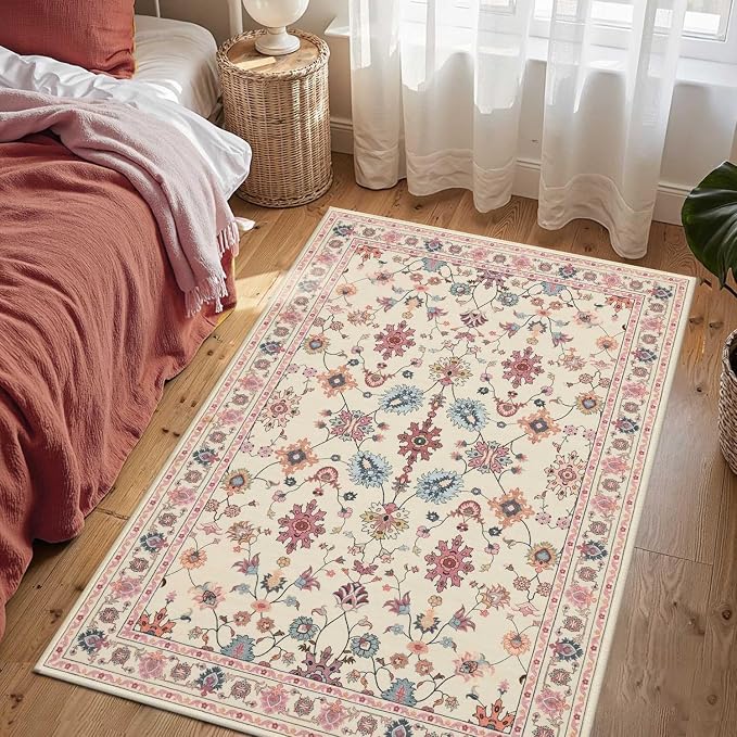 Floral Entryway Rug, 3x5 Washable Area Rug, Non Slip Low Pile Small Carpet - Image 3