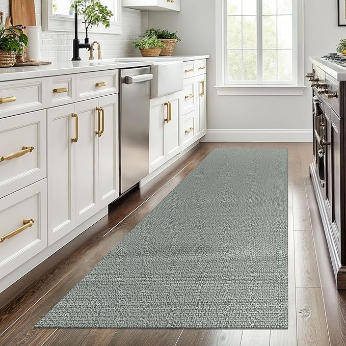 EARTHALL Washable Runner Rug 3x8 Ft Non Slip Runners for Hallways Wide Cotton Rubber Backed Kitchen Runner Braided Indoor Floor Carpet for Entryway, Hallway, Kitchen, Bedroom, Green/Grey