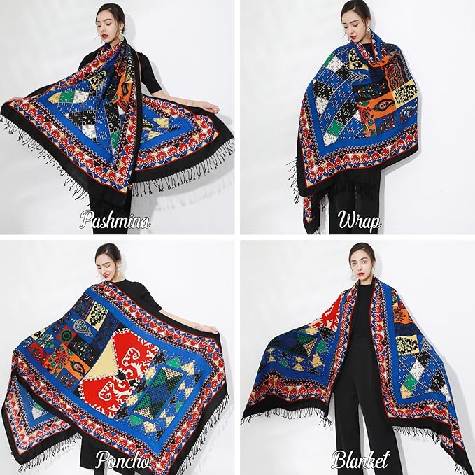 DANA XU 100% Merino Wool Pashmina Shawl for Women 96"x43", Oversized Cashmere Wrap with Tassels, Floral Travel Blanket Cape