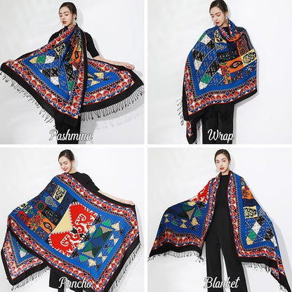 DANA XU 100% Merino Wool Pashmina Shawl for Women 96"x43", Oversized Cashmere Wrap with Tassels, Floral Travel Blanket Cape