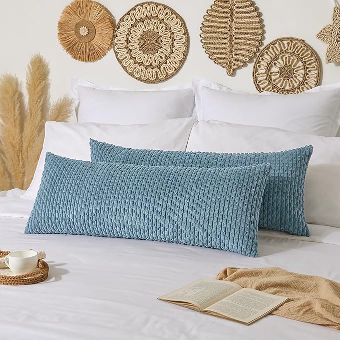 Kevin Textile 14x36 Inch Long Lumbar 1 Pack Boho Decorative Throw Pillow Cover Soft Striped Corduroy Rectangle Cushion Case Farmhouse Solid Color Accent for Living Room Couch Sofa Bed, Blue Grey