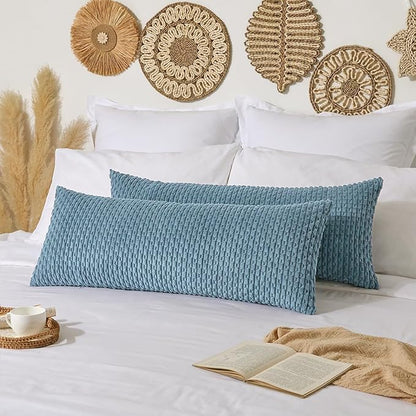 Kevin Textile 14x36 Inch Long Lumbar 1 Pack Boho Decorative Throw Pillow Cover Soft Striped Corduroy Rectangle Cushion Case Farmhouse Solid Color Accent for Living Room Couch Sofa Bed, Blue Grey