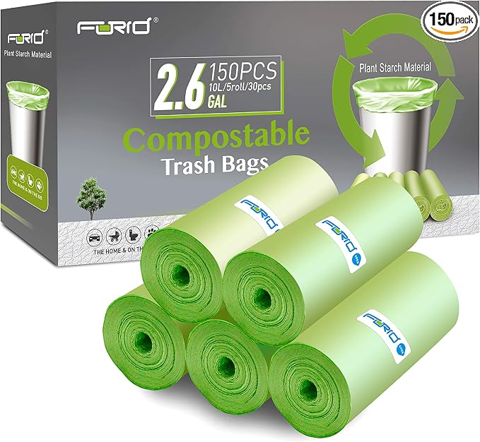 FORID 2.6 Gallon Compostable Garbage Bags, 5 Rolls – Green, Unscented Trash Bags by FORID