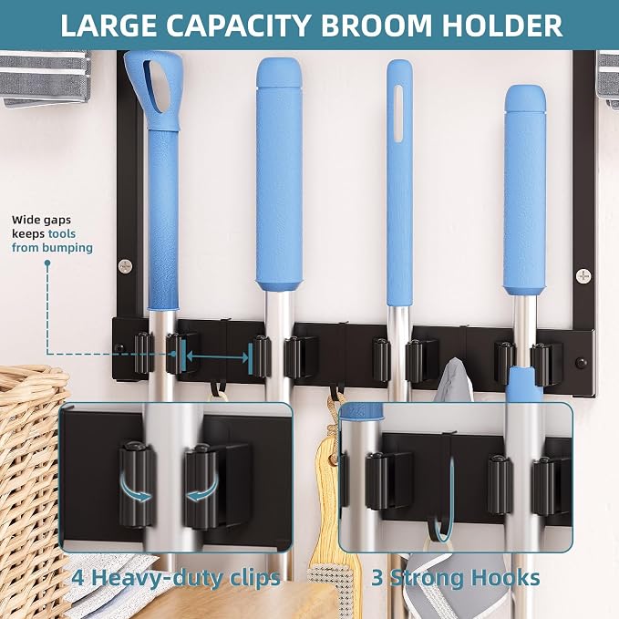 Broom Holder Wall Mount with Cleaning Supplies Organizer, Laundry Room - Image 4