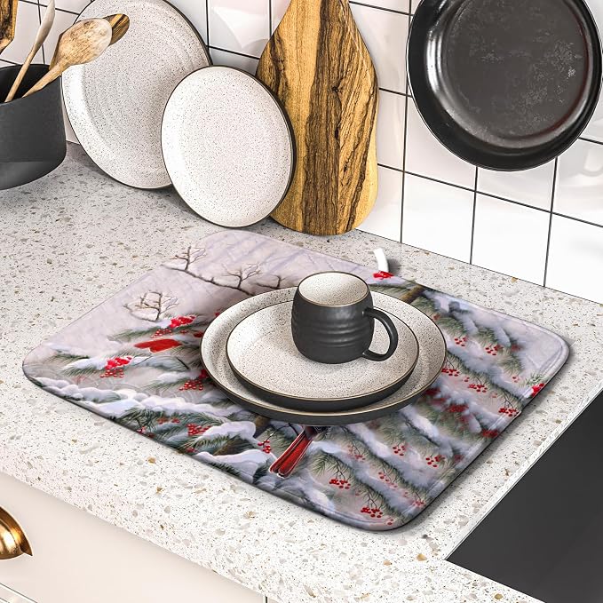 Red Birds Dish Drying Mat Winter Berry Dish Drainer Mats Absorbent Reversible - Image 5