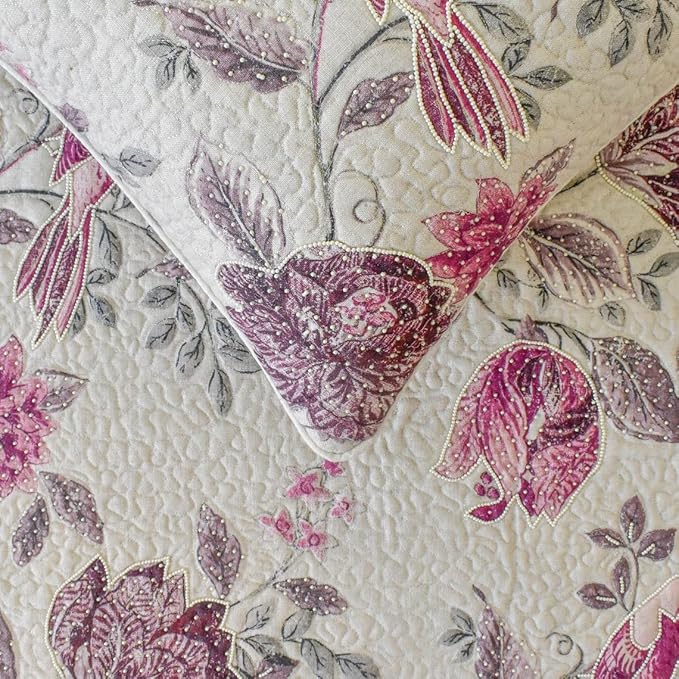 The HomeCentric King/Queen/Twin Pink Decorative Queen 74"x18" Bed Runner with Pillow Cover, Quilted, Printed & Pearl Embroidery Bed Scarf on Cotton Fabric - Vintage Birdie