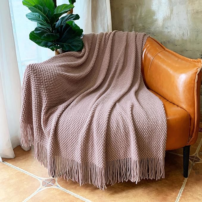 LOMAO Knitted Throw Blanket with Tassels Bubble Textured Lightweight Throws for Couch Cover Home Decor (Brownish Pink, 60x80)