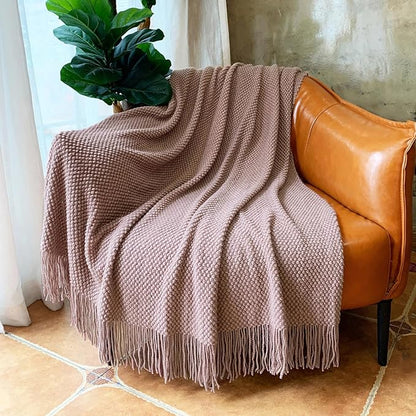 LOMAO Knitted Throw Blanket with Tassels Bubble Textured Lightweight Throws for Couch Cover Home Decor (Brownish Pink, 60x80)