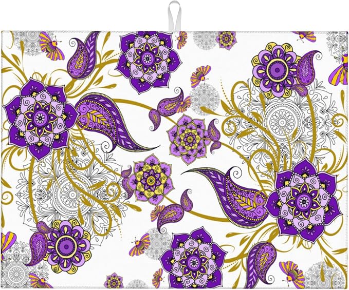 Purple Flower Kitchen Drying Mat Boho Floral Microfiber Dish Drainer Mat by Unknown