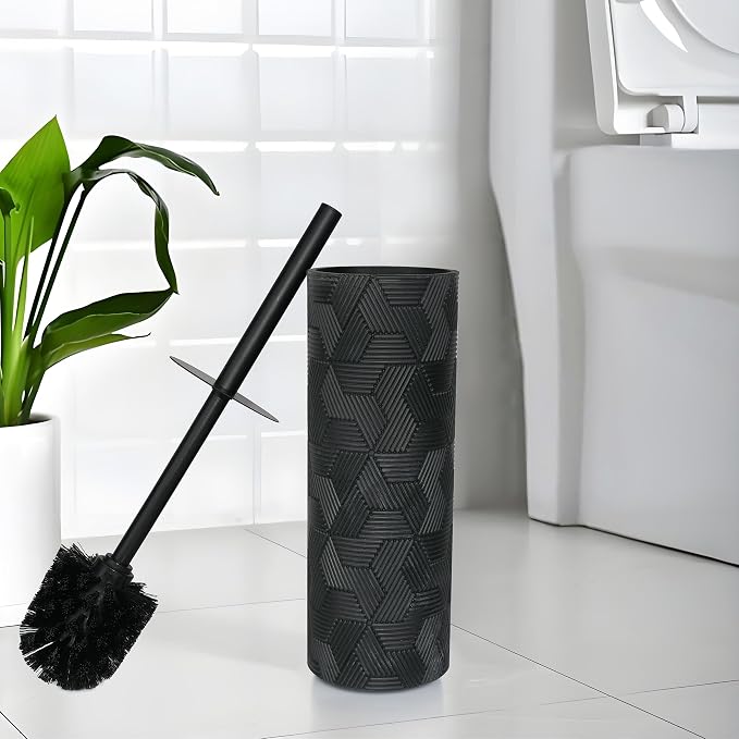 Matte Black Geo Design Resin Toilet Bowl Holder and Brush Set, Stylish - Image 3