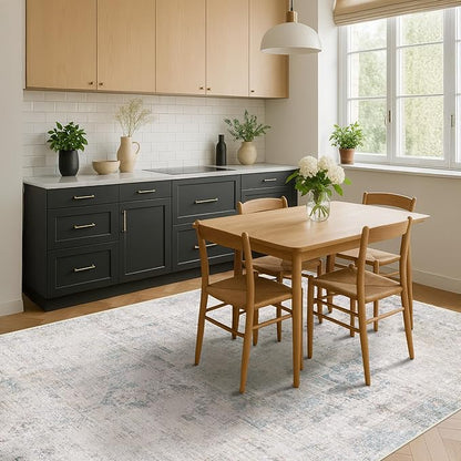Blue Farmhouse Area Rug for Bedroom - 7x9 Washable Rug for Dining Room Table, Ultra-Thin Soft Textured Boho Abstract Blue and Gray Indoor Decor, Fade & Stain Resistant