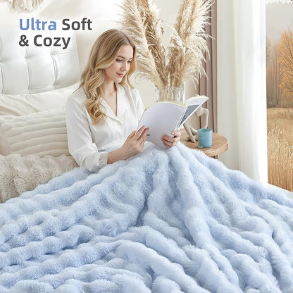 Smoofy Faux Fur Throw Blanket for Couch Rabbit Fleece - Light Blue Fluffy Blanket for Sofa Bedroom Living Room, Cozy Soft Plush Luxury Thick Winter Fuzzy Comfy Bubble Blanket - 50" x 60"