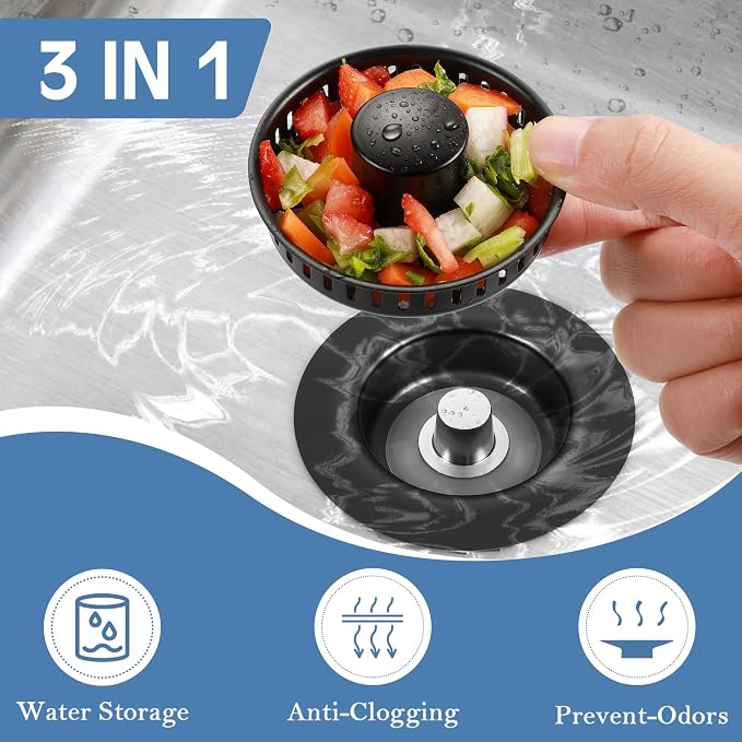 Kitchen Sink Drain Strainer 3 in 1, 304 Stainless Steel Pop Up Sink Stopper - Image 2