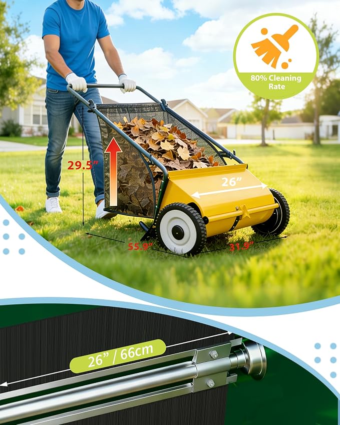 Push Lawn Sweeper, 26 Inch Extra-Wide 4-Brush System, 7 cu.ft. Mesh Bag - Image 5