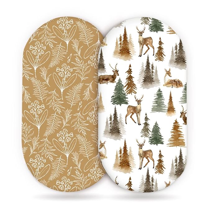 GRSSDER Stretchy Ultra Soft Fitted Bassinet Sheet Set 2 Pack, Universal Fit for Bassinets Baby Cradle Moses Basket Oval Rectangle Mattress, Stylish Jungle Deer Bassinet Sheets for Girls and Boys