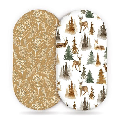 GRSSDER Stretchy Ultra Soft Fitted Bassinet Sheet Set 2 Pack, Universal Fit for Bassinets Baby Cradle Moses Basket Oval Rectangle Mattress, Stylish Jungle Deer Bassinet Sheets for Girls and Boys