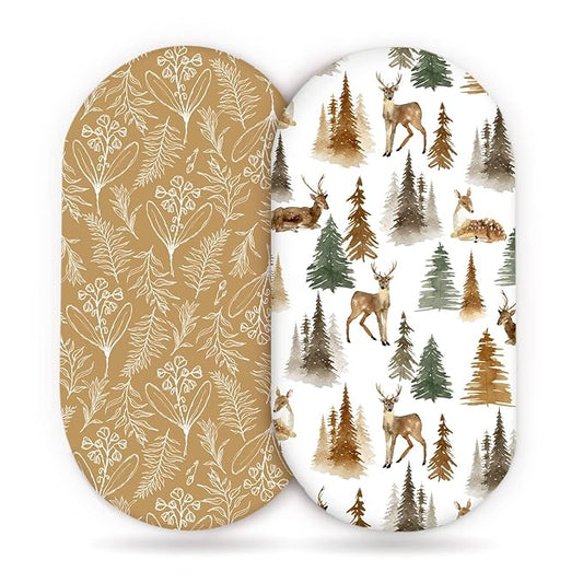 GRSSDER Stretchy Ultra Soft Fitted Bassinet Sheet Set 2 Pack, Universal Fit for Bassinets Baby Cradle Moses Basket Oval Rectangle Mattress, Stylish Jungle Deer Bassinet Sheets for Girls and Boys