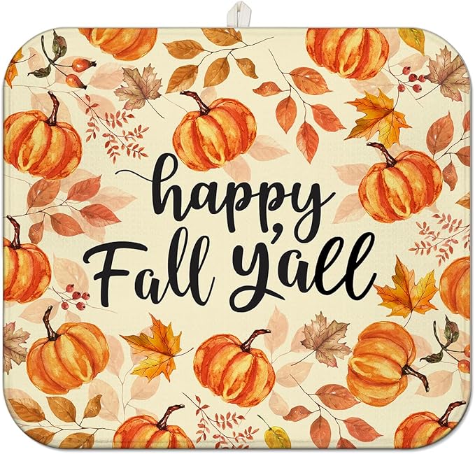 Fall Dish Drying Mat for Kitchen Counter, Autumn Pumpkin Maple Leaf Pattern by Unknown