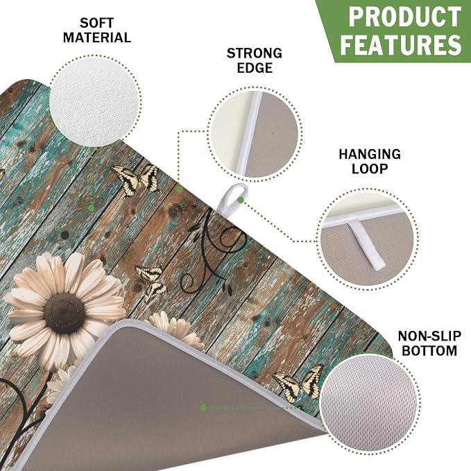 Spring Daisy Dish Drying Mat for Kitchen Counter 16 x 18 Inch Vintage Farmhouse - Image 3